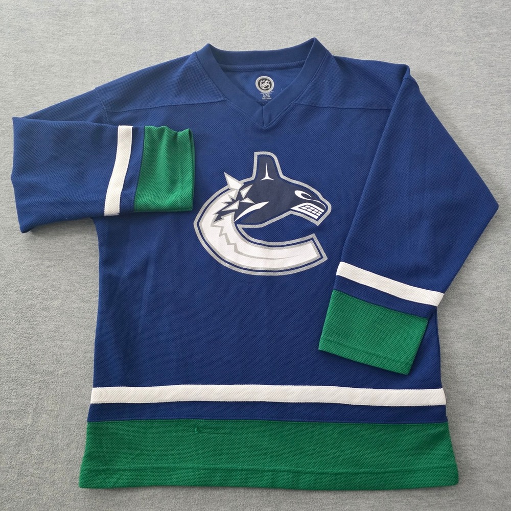 NHL Vancouver Canucks Youth L/XL Blue Green Hockey Jersey Orca Logo Fan Gear